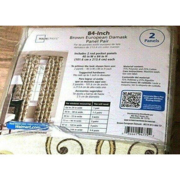 Mainstays 84-Inch Brown European Damask Panel Pair 2 Panels 40in W X 84in H - Picture 3 of 4